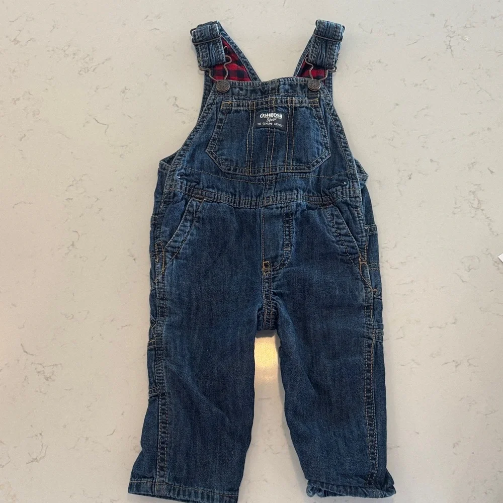 OshKosh B'gosh Indigo Denim Kids Overalls with Red Strap Accents